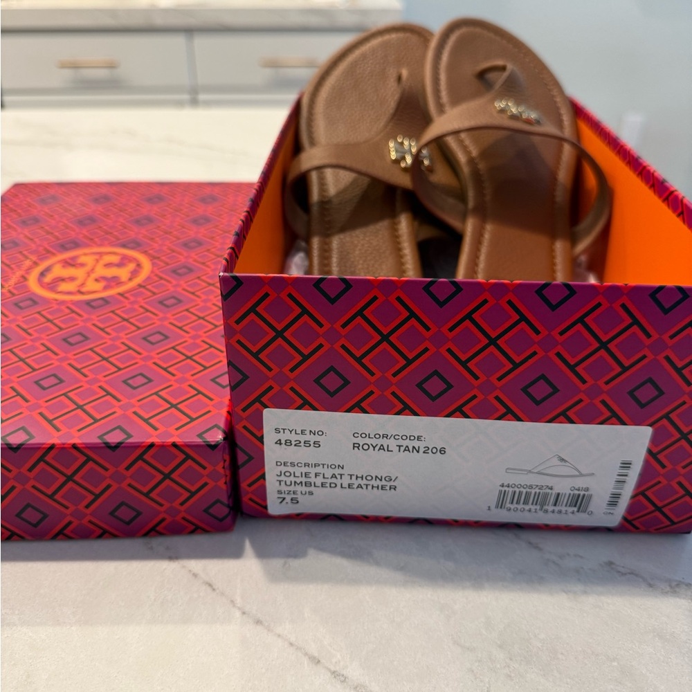Tory Burch Brown Leather Logo Thong Sandals - Picture 4 of 4